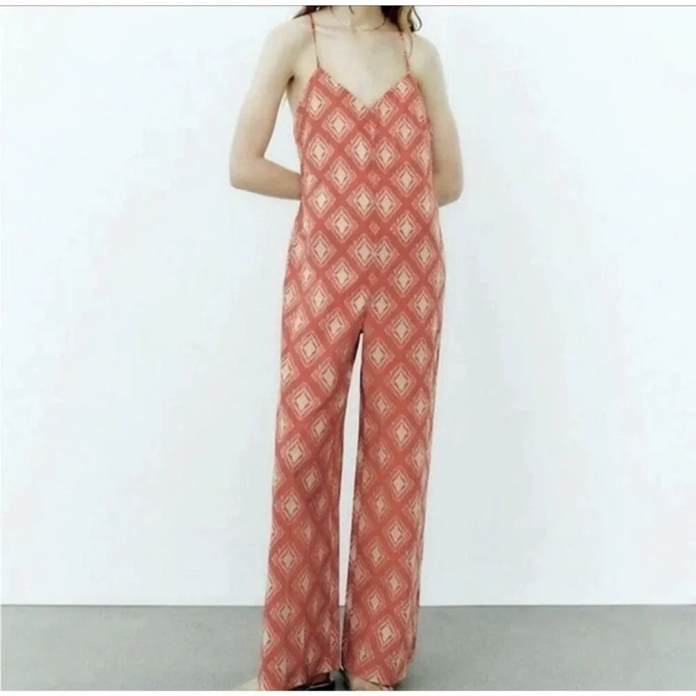 NWT Zara BLOGGERS Fave Boho Geometric Open Back Wide Leg The Jami Jumpsuit Small